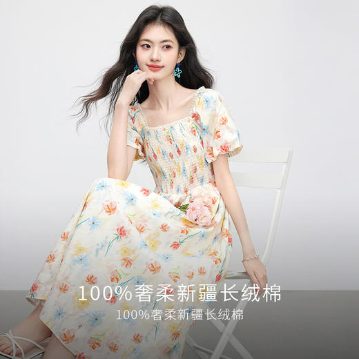【专属特价】熙世界法式褶皱方领碎花连衣裙女2025夏日新款气质特别漂亮掐腰裙 商品图1
