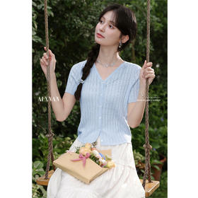 鹿向南「清川织夏」浅蓝色韩系V领针织衫女夏薄款设计感短袖上衣