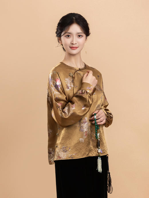 荷言GL 秋居江南 复古烧花质感印花棕黄色上衣复古蝴蝶盘扣 商品图2