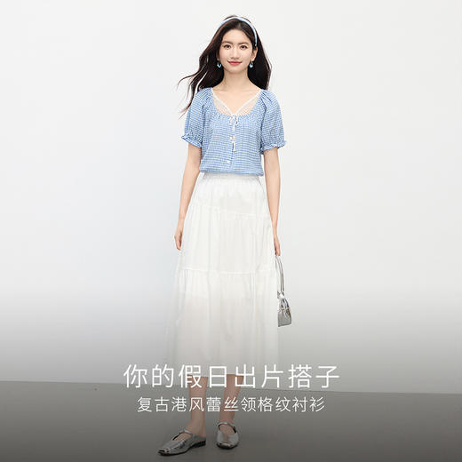 【07/16新品】熙世界复古港风蕾丝拼接格子衬衣女小众设计衬衫上衣2025夏季新款 商品图3