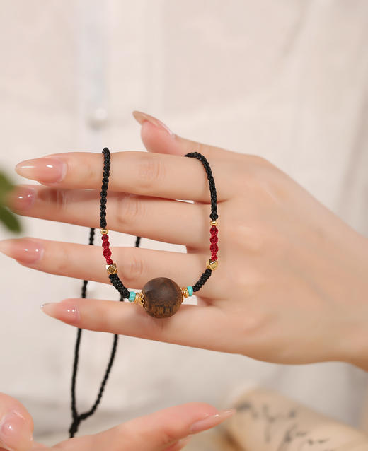 【沉香溯源】棋楠绿松石圆珠项链 约16mm棋楠圆珠、约4mm绿松石扁珠、约6mm松石圆珠、S925银镀金配件  BCCSDIY67 商品图3