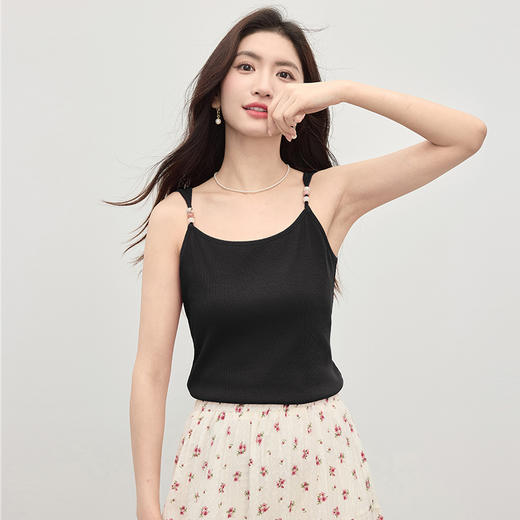 【周末秒杀】熙世界2025新款复古港风串珠肩带背心女夏季内搭红色无袖吊带上衣 商品图3