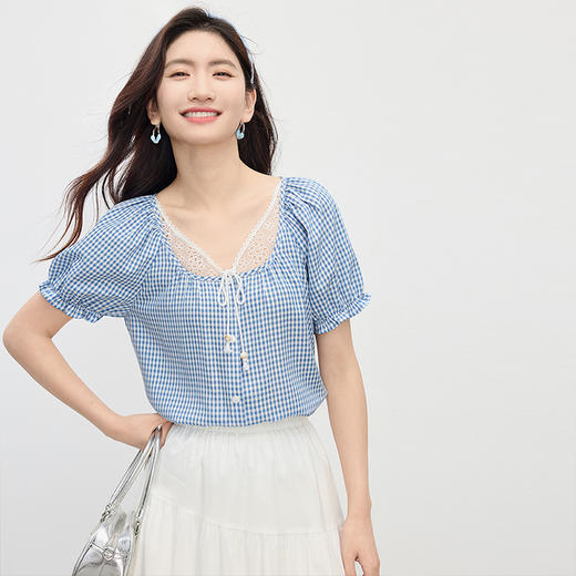【07/16新品】熙世界复古港风蕾丝拼接格子衬衣女小众设计衬衫上衣2025夏季新款 商品图2