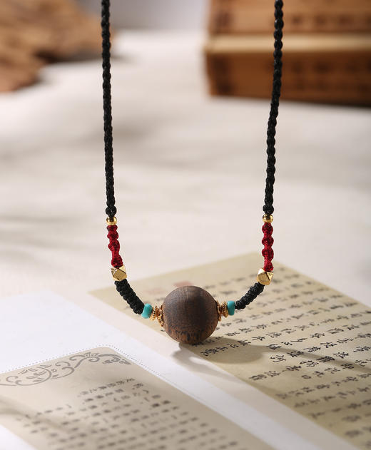 【沉香溯源】棋楠绿松石圆珠项链 约16mm棋楠圆珠、约4mm绿松石扁珠、约6mm松石圆珠、S925银镀金配件  BCCSDIY67 商品图0