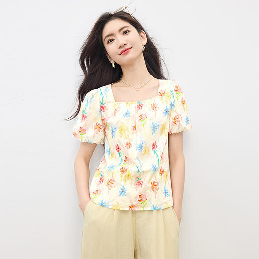 【专属特价】熙世界法式褶皱方领碎花连衣裙女2025夏日新款气质特别漂亮掐腰裙 商品图4