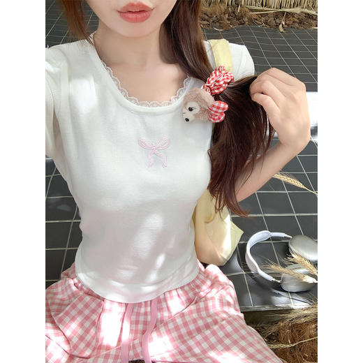 <曾小咸推荐>韩版甜美蕾丝花边蝴蝶结短袖T恤 商品图2