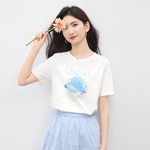 【07/16新品】熙世界夏日立体印花T恤女短袖2025新款休闲宽松显瘦圆领体恤上衣 商品图4