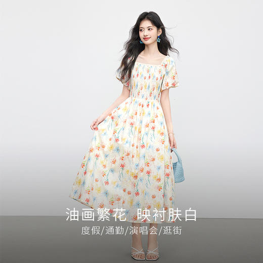 【专属特价】熙世界法式褶皱方领碎花连衣裙女2025夏日新款气质特别漂亮掐腰裙 商品图2