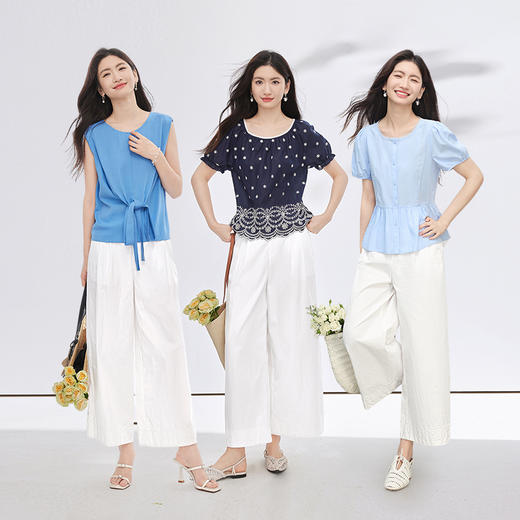 【专属特价】熙世界白色九分阔腿裤女士夏季薄款高腰休闲宽松垂感凉感直筒裤子 商品图1