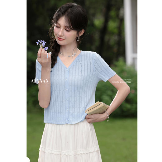 鹿向南「清川织夏」浅蓝色韩系V领针织衫女夏薄款设计感短袖上衣 商品图4