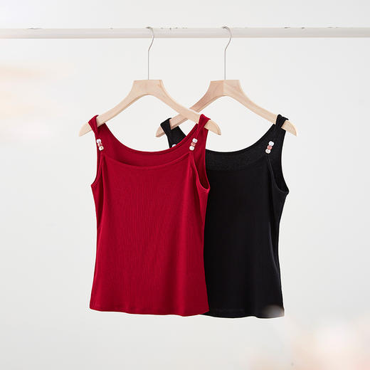 【周末秒杀】熙世界2025新款复古港风串珠肩带背心女夏季内搭红色无袖吊带上衣 商品图4