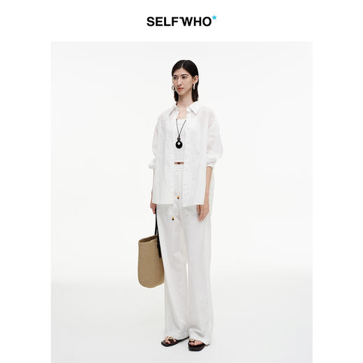 SELFWHO绿绒蒿系列莱赛尔棉白色休闲裤女2025秋季新款抽绳直筒裤 商品图1