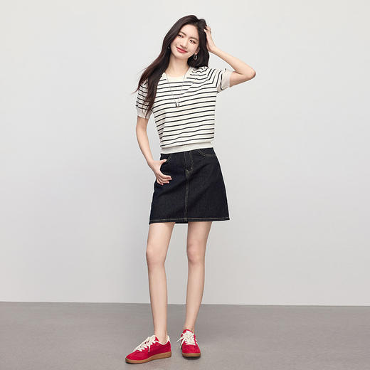 【专属特价】熙世界2025夏季新款圆领条纹针织衫女薄款仿亚麻短袖正肩T恤上衣 商品图4