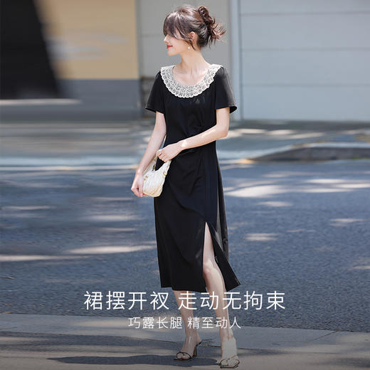 【专属特价】熙世界赫本风蕾丝花边领连衣裙女2025夏新款法式开叉显瘦小黑裙子 商品图2