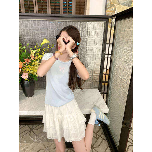 <曾小咸推荐>韩版甜美蕾丝花边蝴蝶结短袖T恤 商品图3