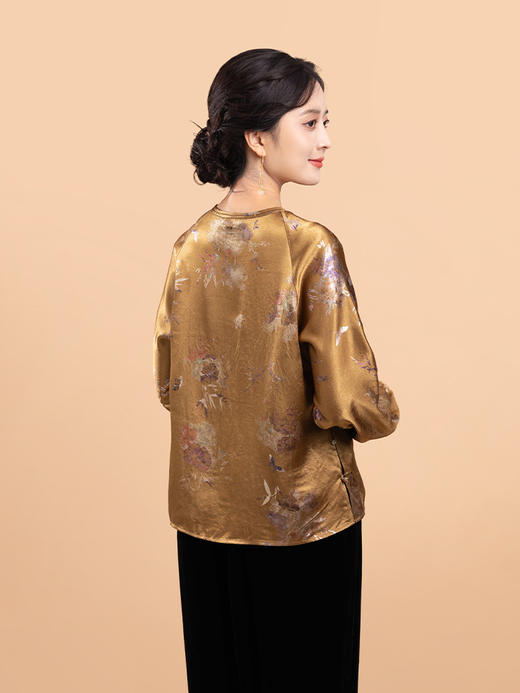 荷言GL 秋居江南 复古烧花质感印花棕黄色上衣复古蝴蝶盘扣 商品图3