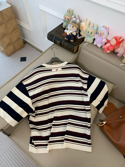 715-3  慵懒不懒散 松弛高级 25早秋 ed拼接条纹 宽松圆领中袖上衣 商品图9