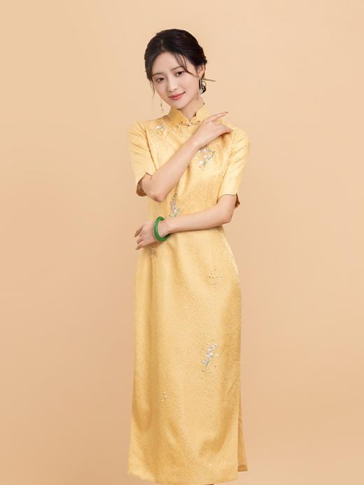 荷言HEYEN 铃兰有意 洒金提花刺绣旗袍手工兰花盘扣高级定制 商品图1