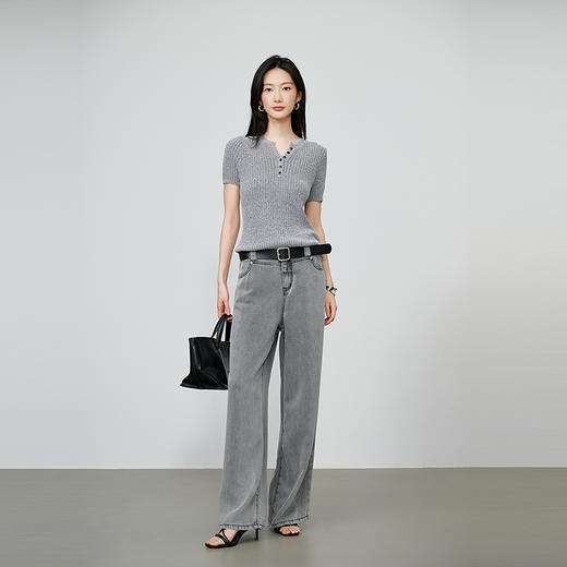 NEELLY纳俪商场同款秋季新款简约气质针织短袖女修身显瘦短款上衣N25074A05503 商品图3