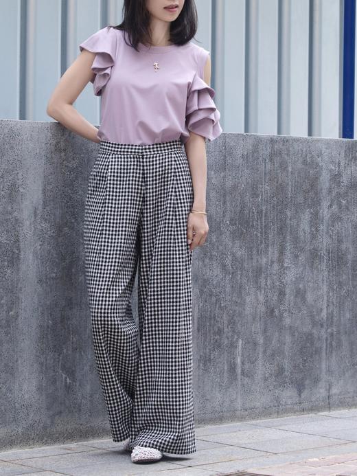 TYNVIE 平纹针织露肩荷叶边袖上衣 - 紫色 商品图13