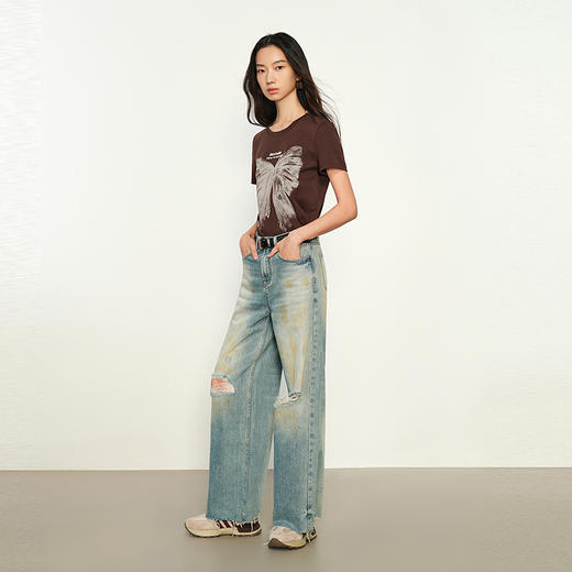 NEELLY纳俪商场同款春季新款美式做旧破洞直筒裤女百搭阔腿长裤N25074H04572 商品图2