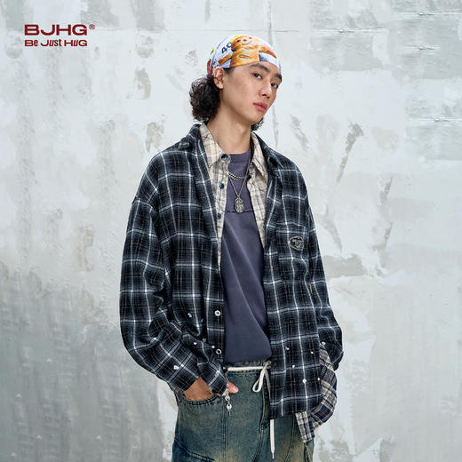 BJHG不计后果美式复古衬衫男款秋格纹泼墨设计宽松舒适衬衣外套女 商品图1