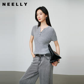 NEELLY纳俪商场同款秋季新款简约气质针织短袖女修身显瘦短款上衣N25074A05503