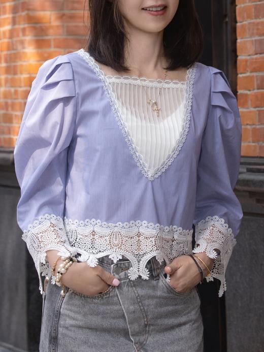 TYNVIE 褶裥过肩蕾丝饰边衬衫 - 蓝白细纹 商品图8