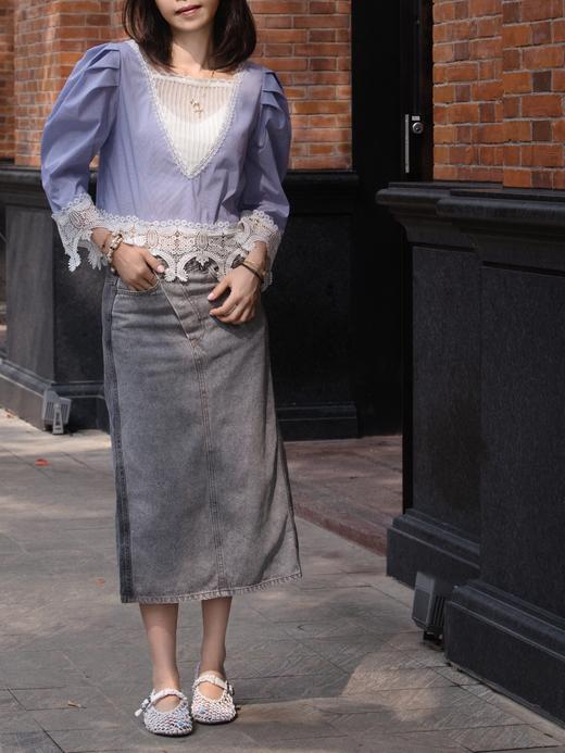 TYNVIE 褶裥过肩蕾丝饰边衬衫 - 蓝白细纹 商品图9