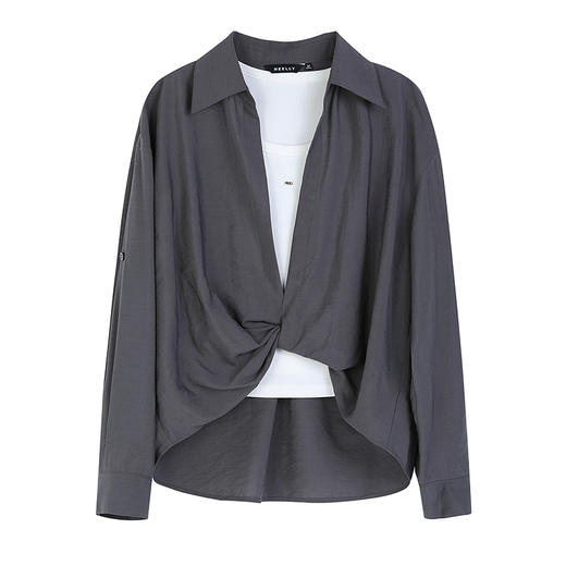 NEELLY纳俪商场同款春季新款时尚设计感垂坠假两件衬衫女宽松上衣N25074B04557 商品图3