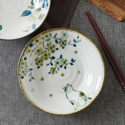 日本进口盘子菜盘家用新款陶瓷餐具日式釉下彩深盘碟子早餐盘千代源花见猫6.5英寸浅钵5件套装 商品图4