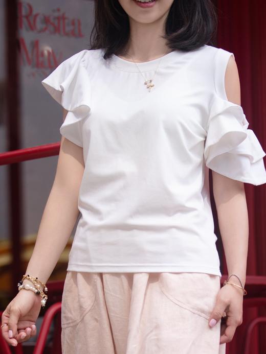 TYNVIE 平纹针织露肩荷叶边袖上衣 - 白色 商品图2