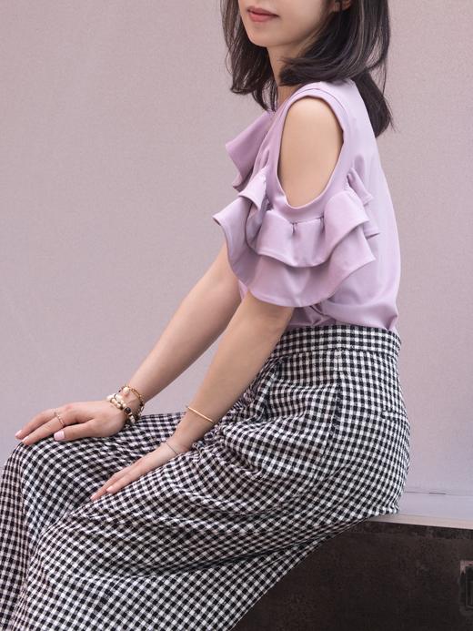 TYNVIE 平纹针织露肩荷叶边袖上衣 - 紫色 商品图11