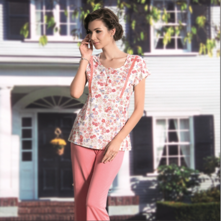 豪门女款印花家居碎花短袖七分裤套装宽松舒适休闲百搭M240108