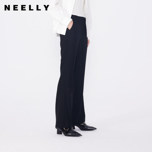 NEELLY纳俪商场同款春季新款黑色微喇裤女显瘦设计感开口通勤长裤N25074H04574 商品图0