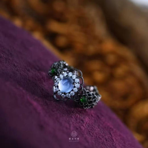 龢盒原创 幽暗月光白冰翡翠蕾丝戒指 商品图0