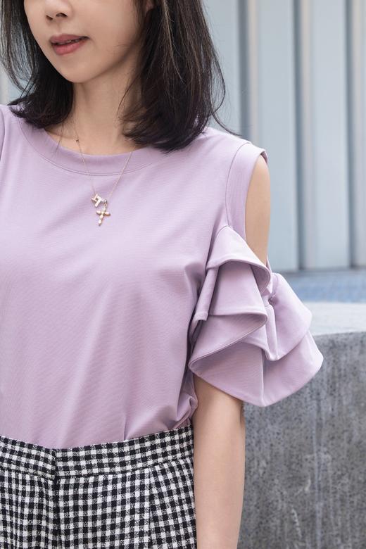 TYNVIE 平纹针织露肩荷叶边袖上衣 - 紫色 商品图2