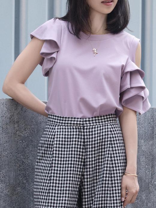 TYNVIE 平纹针织露肩荷叶边袖上衣 - 紫色 商品图10