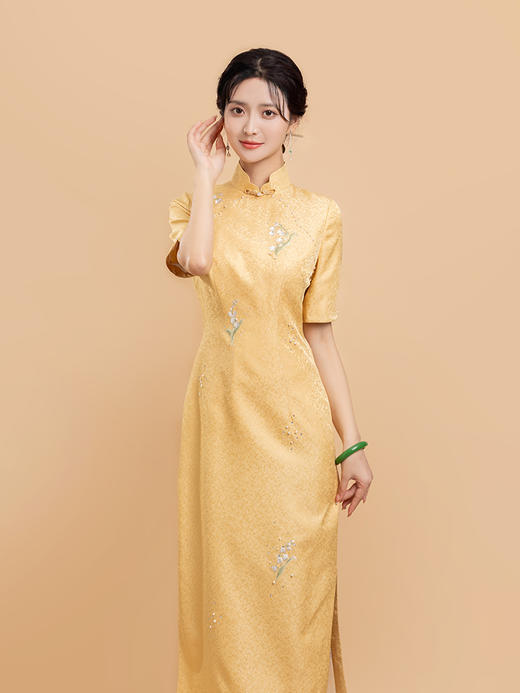 荷言HEYEN 铃兰有意 洒金提花刺绣旗袍手工兰花盘扣高级定制 商品图0