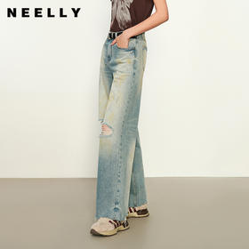 NEELLY纳俪商场同款春季新款美式做旧破洞直筒裤女百搭阔腿长裤N25074H04572