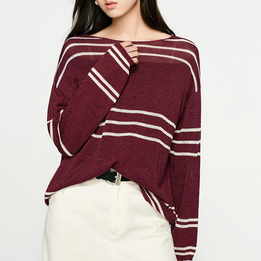 NEELLY纳俪商场同款春季新款条纹一字肩针织衫女圆领显白修身毛衣N25074A04558 商品图2
