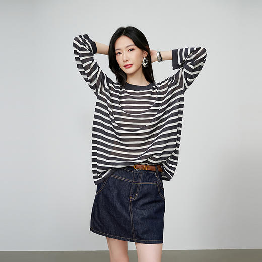 NEELLY纳俪商场同款秋新款时尚圆领条纹长袖T恤女宽松舒适上衣N25074A05502 商品图2