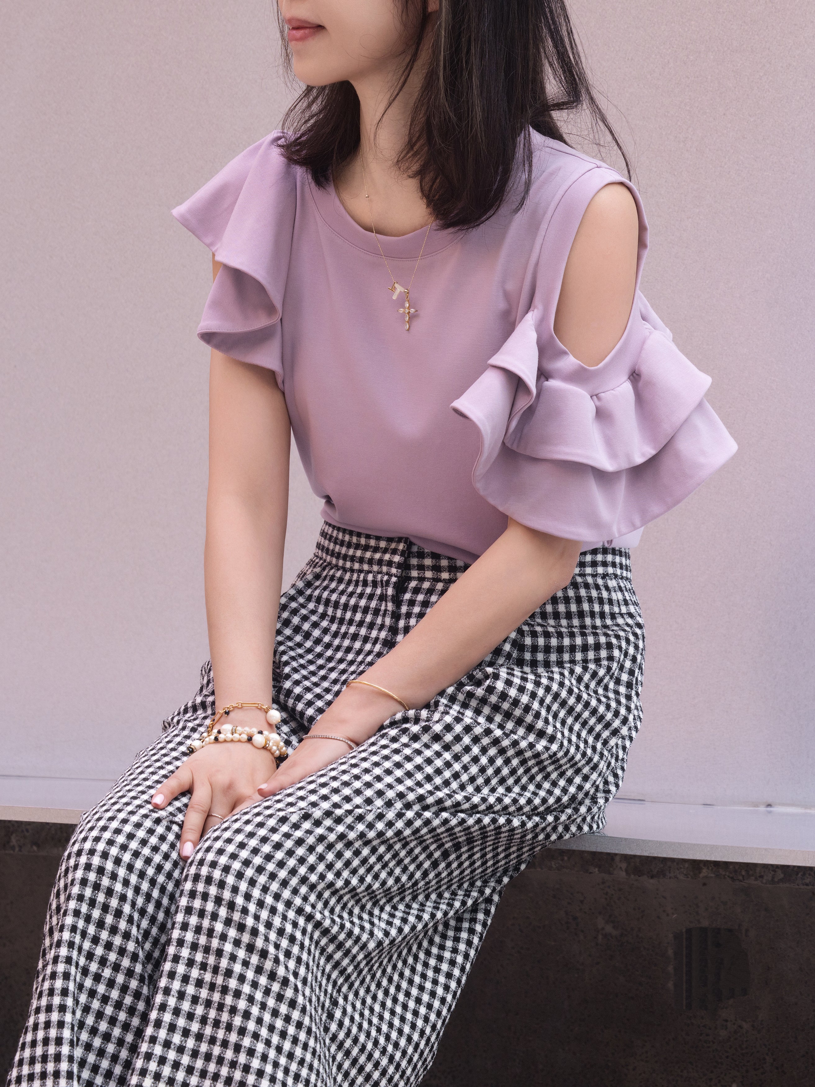 TYNVIE 平纹针织露肩荷叶边袖上衣 - 紫色