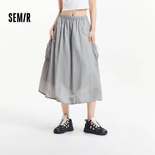 森马半身裙女抽绳防晒凉感宽松潮酷2025夏季新款质感格子长裙盐系 商品图0