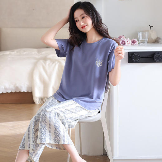 睡衣女夏季拉架纯棉短袖七分裤休闲家居服舒适夏天青年带胸垫套装   JL-MZD6857/MZD6858/MZD6859 商品图2