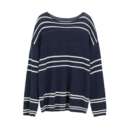 NEELLY纳俪商场同款春季新款条纹一字肩针织衫女圆领显白修身毛衣N25074A04558 商品图3