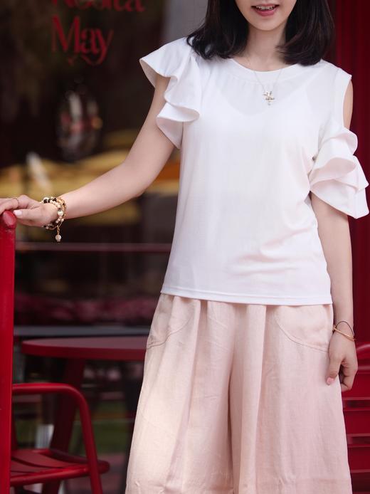 TYNVIE 平纹针织露肩荷叶边袖上衣 - 白色 商品图4