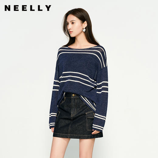 NEELLY纳俪商场同款春季新款条纹一字肩针织衫女圆领显白修身毛衣N25074A04558 商品图0