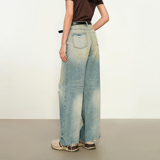 NEELLY纳俪商场同款春季新款美式做旧破洞直筒裤女百搭阔腿长裤N25074H04572 商品图1