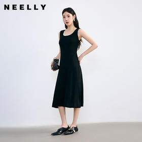 NEELLY纳俪春季新款商场同款假两件休闲背心黑色针织连衣裙女N25074Y04566